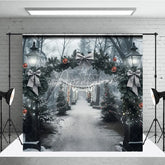 Aperturee - Aperturee Winter Park Christmas Backdrop Street Lamp Grey Bow Light Tunnel Background Snowy Path Holiday Party Decoration