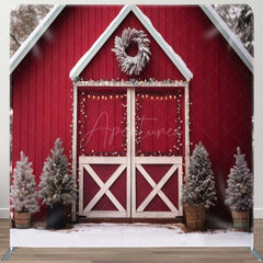 Aperturee - Aperturee Winter Red Barn Door Christmas Tension Fabric Backdrop