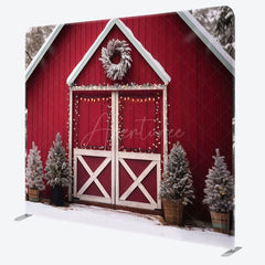 Aperturee - Aperturee Winter Red Barn Door Christmas Tension Fabric Backdrop