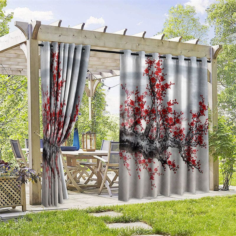 Aperturee - Aperturee Winter Red Plum Waterproof Printed Outdoor Curtains
