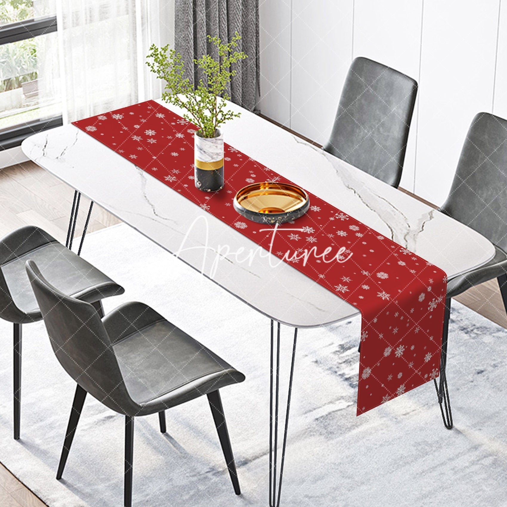 Aperturee - Aperturee Winter Scattered Snowflakes Red Xmas Table Runner