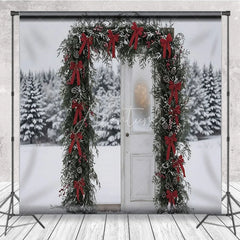 Aperturee - Aperturee Winter Snow Door Frame Backdrop Red Bow Garland Photography Background Outdoor Pine Forest Holiday Party Decoration