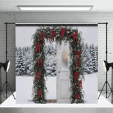Aperturee - Aperturee Winter Snow Door Frame Backdrop Red Bow Garland Photography Background Outdoor Pine Forest Holiday Party Decoration