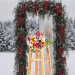 Aperturee - Aperturee Winter Snow Door Frame Backdrop Red Bow Garland Photography Background Outdoor Pine Forest Holiday Party Decoration