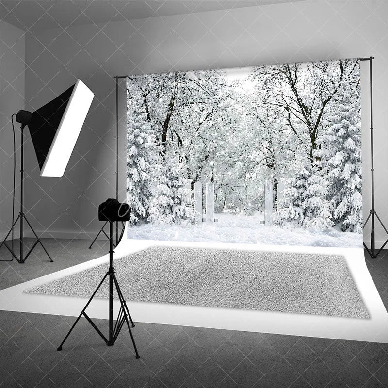 Aperturee - Aperturee Winter Snow Forest Photography Backdrop White Gate to an Enchanted Woods Magical Holiday Photo Background