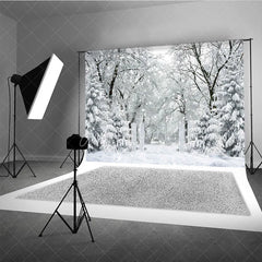 Aperturee - Aperturee Winter Snow Forest Photography Backdrop White Gate to an Enchanted Woods Magical Holiday Photo Background