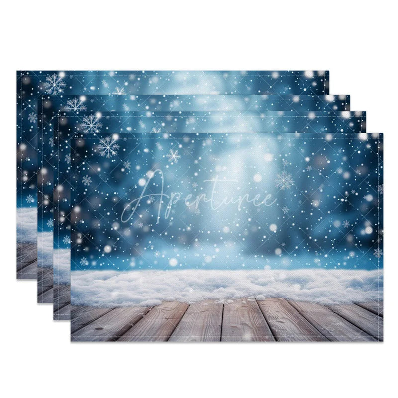 Aperturee - Aperturee Winter Snow Set of 4 Placemats Rustic Wood Floor with Blue Bokeh Christmas Holiday Table Mats Decor