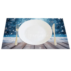 Aperturee - Aperturee Winter Snow Set of 4 Placemats Rustic Wood Floor with Blue Bokeh Christmas Holiday Table Mats Decor