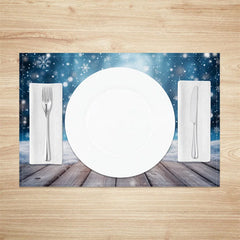 Aperturee - Aperturee Winter Snow Set of 4 Placemats Rustic Wood Floor with Blue Bokeh Christmas Holiday Table Mats Decor