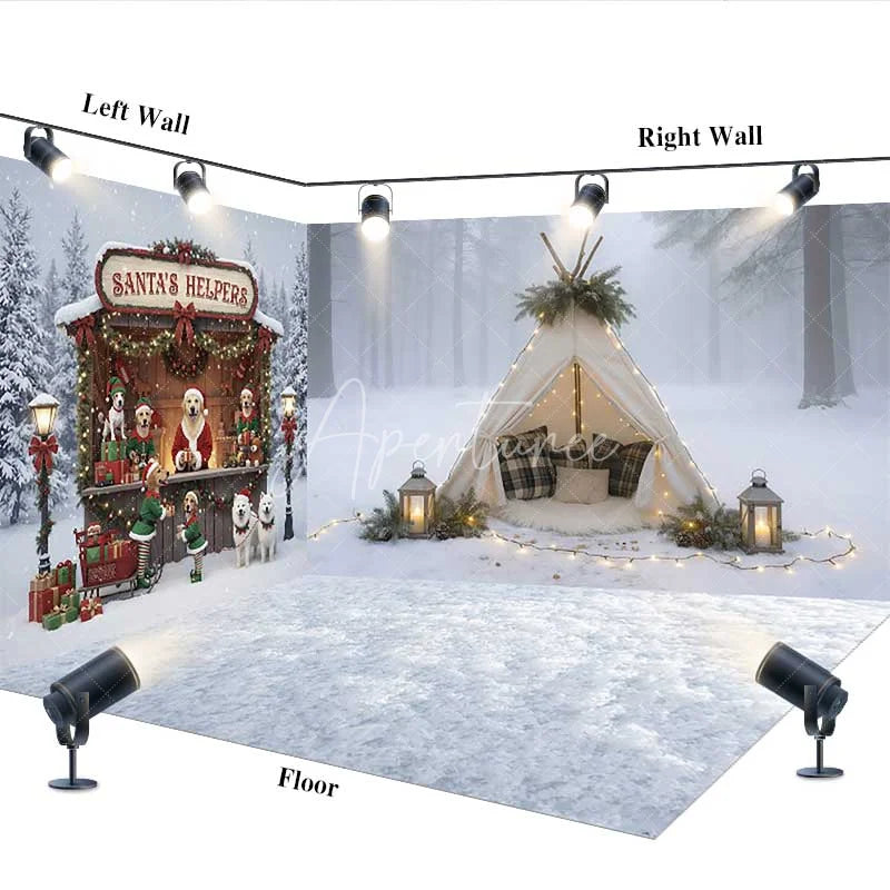 Aperturee - Aperturee Winter Snow Teepee Room Set Backdrop Christmas Santa Helpers Dog Stand Photography Studio Prop