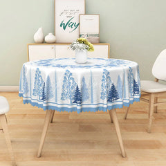 Aperturee - Aperturee Winter Snowflake and Tree Round Tablecloth Blue Forest Silhouette Christmas Holiday Dining Table Decor