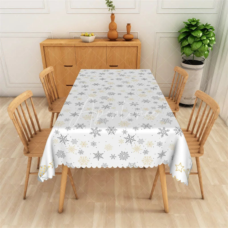 Aperturee - Aperturee Winter Snowflake Rectangle Tablecloth White with Gold and Black Snowflakes Modern Holiday Table Cover
