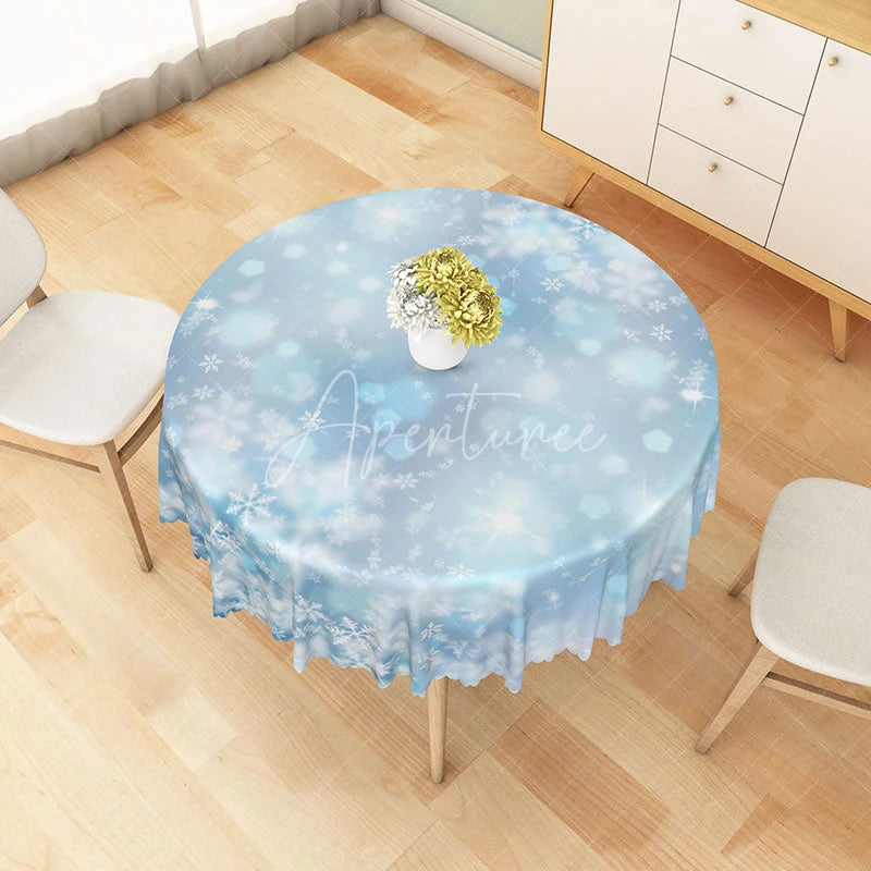 Aperturee - Aperturee Winter Snowflake Round Tablecloth Blue Bokeh Lights Print Elegant Holiday and Christmas Party Decor