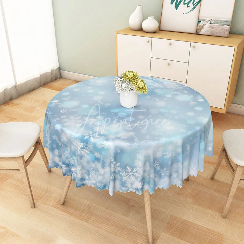Aperturee - Aperturee Winter Snowflake Round Tablecloth Blue Bokeh Lights Print Elegant Holiday and Christmas Party Decor