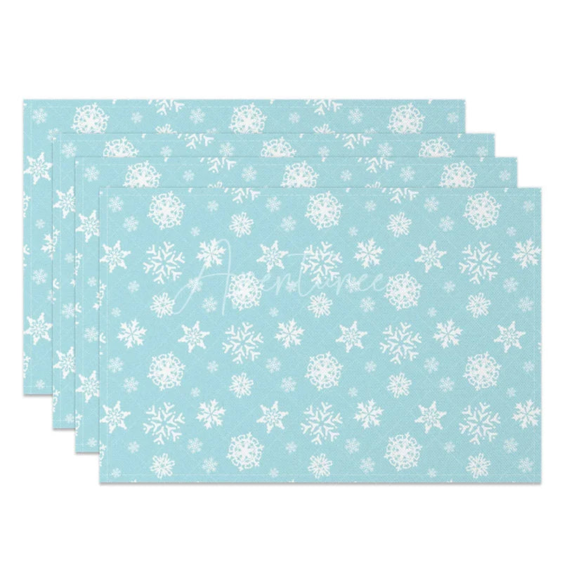 Aperturee - Aperturee Winter Snowflake Set of 4 Placemats Light Blue and White Frozen Christmas Holiday Table Mats