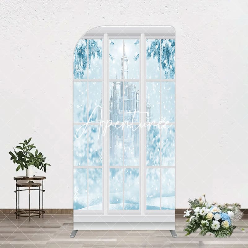 Aperturee - Aperturee Winter Snowy Blue Castle Window Scene Arch Backdrop