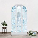 Aperturee - Aperturee Winter Snowy Blue Castle Window Scene Arch Backdrop