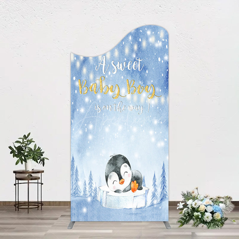 Aperturee - Aperturee Winter Snowy Blue Penguin Baby Shower Arch Backdrop