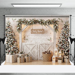 Aperturee - Aperturee Winter Snowy Christmas Tree Holiday Backdrop Cozy Cabin Window Photography Background Festive Seasonal Party Decor