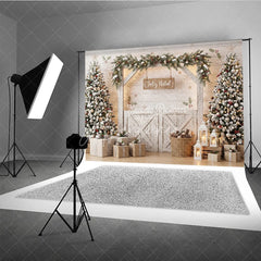 Aperturee - Aperturee Winter Snowy Christmas Tree Holiday Backdrop Cozy Cabin Window Photography Background Festive Seasonal Party Decor