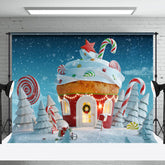 Aperturee - Aperturee Winter Snowy Field Cupcake House Christmas Backdrop