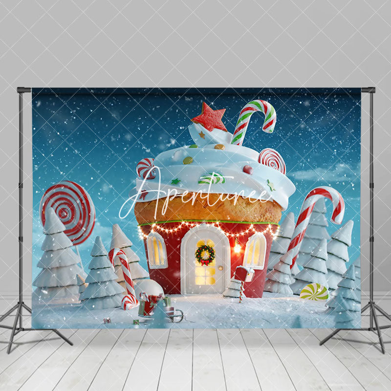 Aperturee - Aperturee Winter Snowy Field Cupcake House Christmas Backdrop