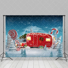 Aperturee - Aperturee Winter Snowy Field Red Bus House Christmas Backdrop
