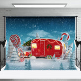 Aperturee - Aperturee Winter Snowy Field Red Bus House Christmas Backdrop