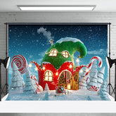 Aperturee - Aperturee Winter Snowy Field Red Green House Christmas Backdrop