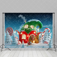 Aperturee - Aperturee Winter Snowy Field Red Green House Christmas Backdrop