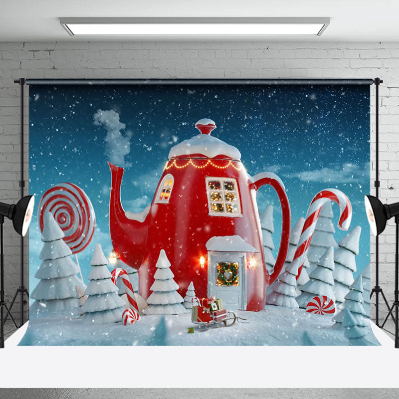 Aperturee - Aperturee Winter Snowy Field Teapot House Christmas Backdrop