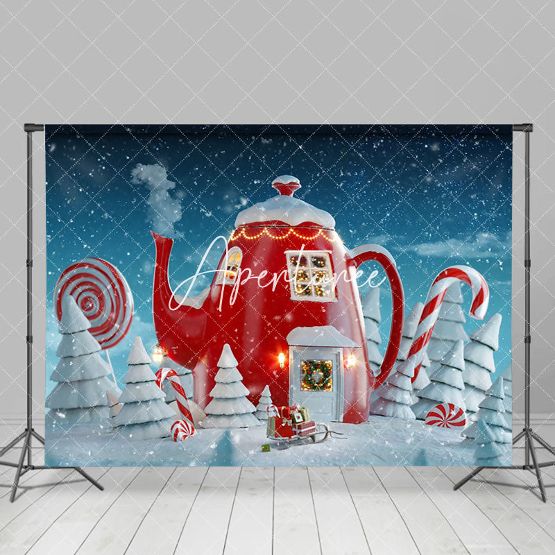 Aperturee - Aperturee Winter Snowy Field Teapot House Christmas Backdrop