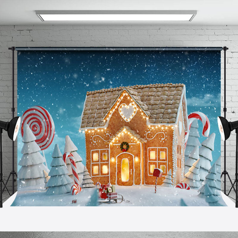 Aperturee - Aperturee Winter Snowy Gingerbread House Christmas Backdrop