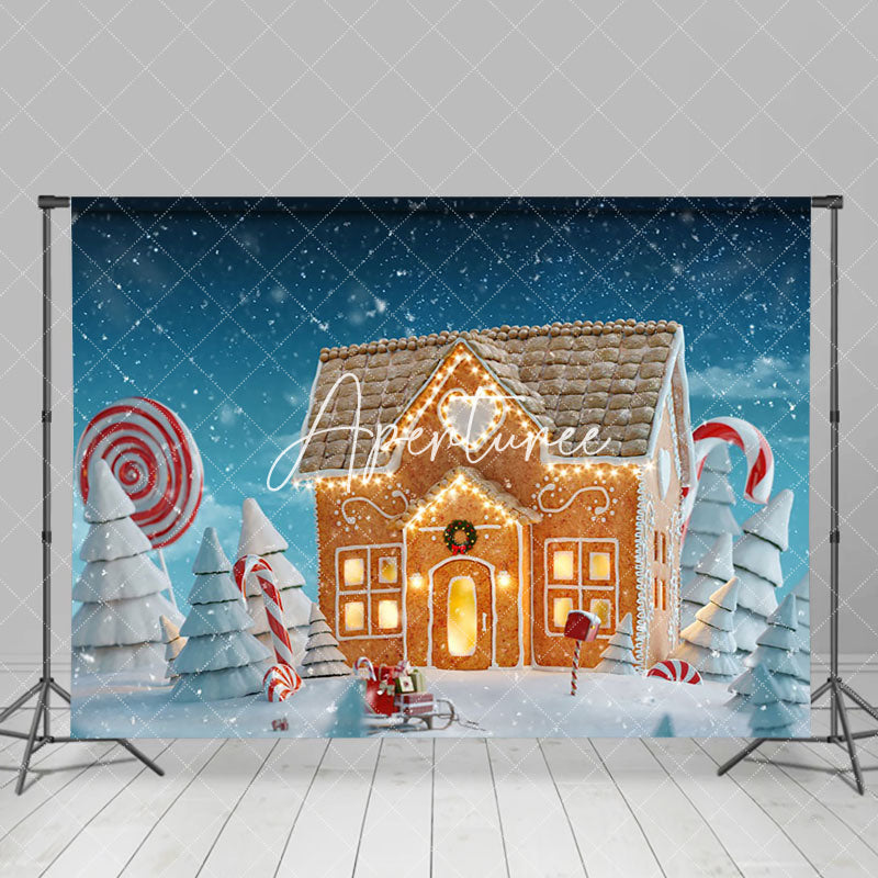 Aperturee - Aperturee Winter Snowy Gingerbread House Christmas Backdrop