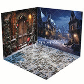 Aperturee - Aperturee Winter Snowy Night Town Christmas Room Set Backdrop