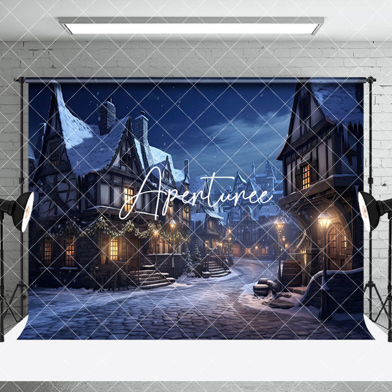 Aperturee - Aperturee Winter Snowy Night Town Christmas Room Set Backdrop