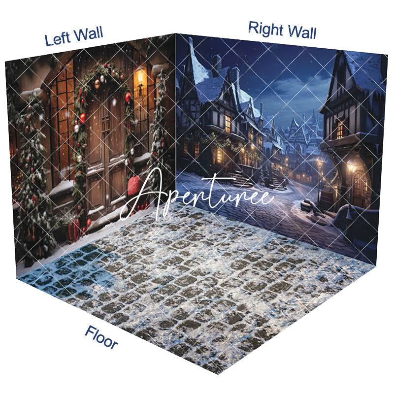 Aperturee - Aperturee Winter Snowy Night Town Christmas Room Set Backdrop