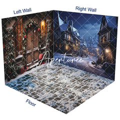 Aperturee - Aperturee Winter Snowy Night Town Christmas Room Set Backdrop