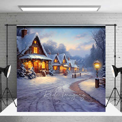 Aperturee - Aperturee Winter Village Christmas Photography Backdrop Snowy Cottages at Dusk Painted Holiday Landscape Photo Prop