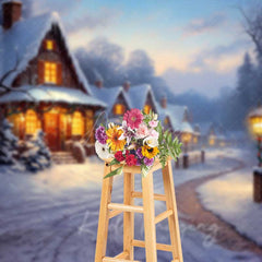 Aperturee - Aperturee Winter Village Christmas Photography Backdrop Snowy Cottages at Dusk Painted Holiday Landscape Photo Prop