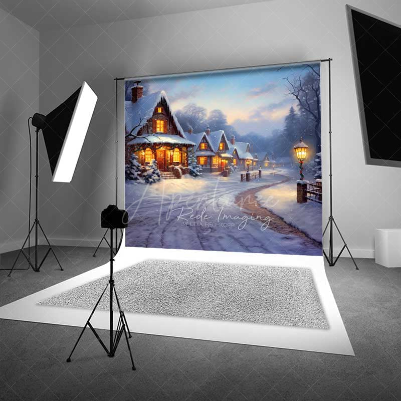 Aperturee - Aperturee Winter Village Christmas Photography Backdrop Snowy Cottages at Dusk Painted Holiday Landscape Photo Prop