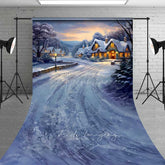 Aperturee - Aperturee Winter Village Christmas Sweep Photo Backdrop Snowy Cottages at Sunset Painted Holiday Landscape Photo Prop