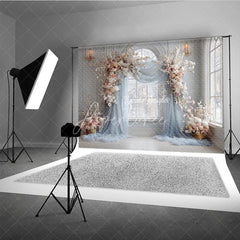 Aperturee - Aperturee Winter Wedding Arch Backdrop Arch Window with Dusty Blue Drapes White and Pink Cherry Blossoms Decor