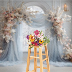 Aperturee - Aperturee Winter Wedding Arch Backdrop Arch Window with Dusty Blue Drapes White and Pink Cherry Blossoms Decor