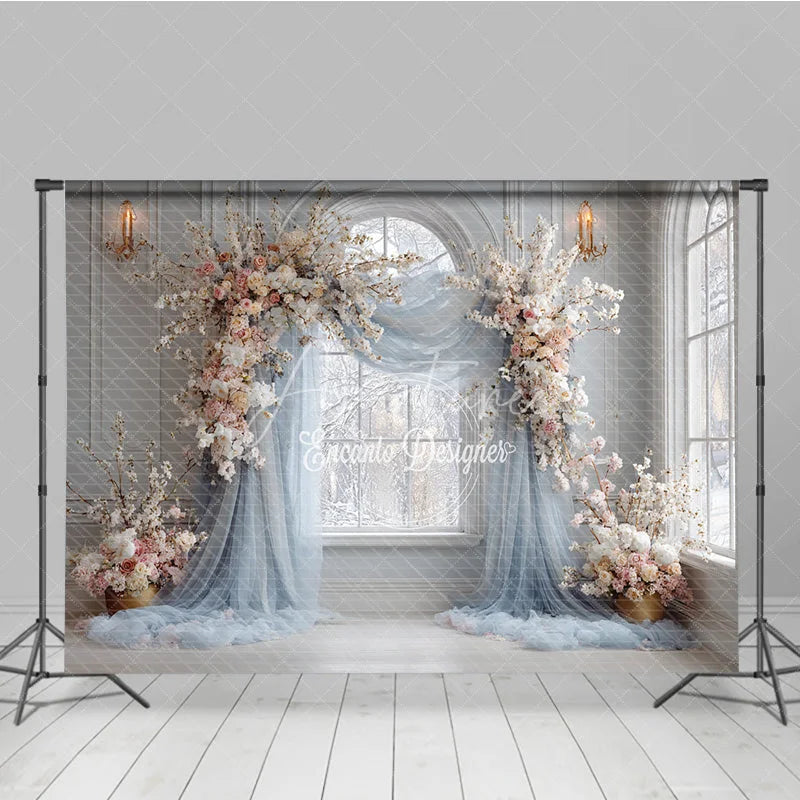 Aperturee - Aperturee Winter Wedding Arch Backdrop Arch Window with Dusty Blue Drapes White and Pink Cherry Blossoms Decor