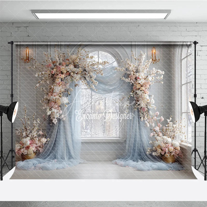 Aperturee - Aperturee Winter Wedding Arch Backdrop Arch Window with Dusty Blue Drapes White and Pink Cherry Blossoms Decor