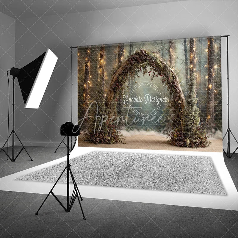 Aperturee - Aperturee Winter Wedding Arch Backdrop Round Pinecone Arch with String Lights Enchanted Forest Holiday Photo Prop