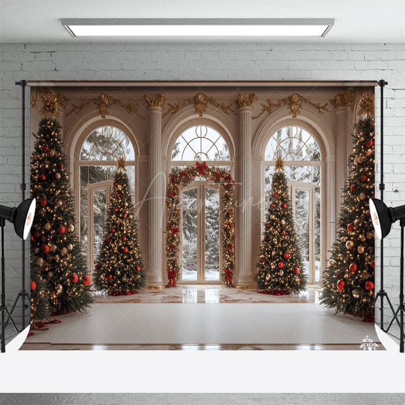 Aperturee - Aperturee Winter White Palace Xmas Tree Festive Photo Backdrop