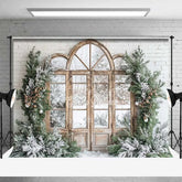 Aperturee - Aperturee Winter Window Backdrop Snowy Pine Forest View Arched Wood Door White Brick Wall Christmas Background