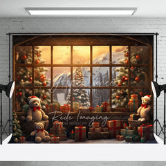 Aperturee - Aperturee Winter Window View Christmas Backdrop Teddy Bear Mountain Snow Background Scenic Landscape Holiday Party Decoration